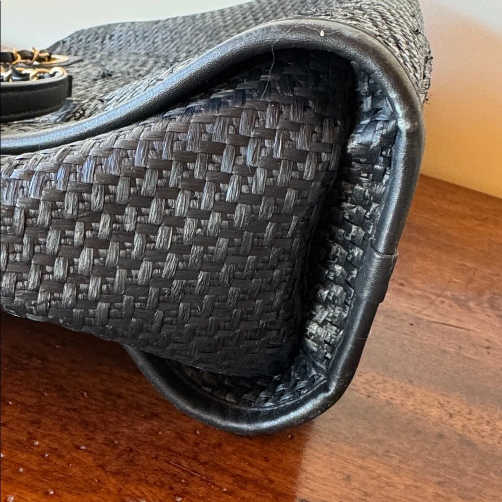 CHANEL Straw Raffia‎ Calfskin Chain Deauville Tote Black